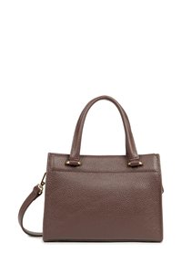 Borsa a tracolla in pelle marrone con texture a ciottoli, dotata di due manici corti, una tracolla rimovibile e dettagli in metallo dorato.