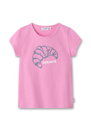 T-shirt rose à manches courtes pour enfants avec un motif croissant bleu et le mot "BONJOUR" imprimé en blanc sur le devant.
