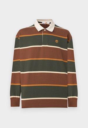 Pikad varrukad rugby-särk laiade horisontaalsete triipudega pruunis, rohelises, kreemis ja sinepitoonis, valge kraega ning Timberlandi logoga rinnal.