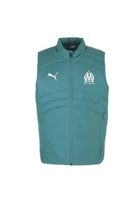 Gilet imbottito teal con colletto alto, zip frontale e logo Puma bianco insieme all'emblema del Marsiglia sul petto. Presenta pannelli cuciti.