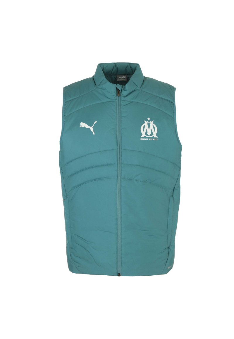 Gilet imbottito teal con colletto alto, zip frontale e logo Puma bianco insieme all'emblema del Marsiglia sul petto. Presenta pannelli cuciti.