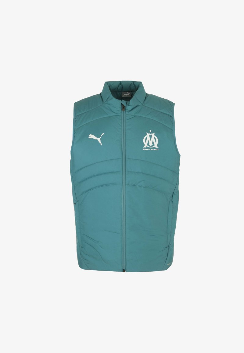 Gilet imbottito teal con colletto alto, zip frontale e logo Puma bianco insieme all'emblema del Marsiglia sul petto. Presenta pannelli cuciti.