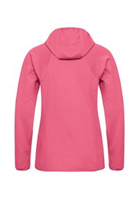 Veste à capuche rose avec des manches longues, en tissu texturé et au design simple. Présente des accents côtelés et une silhouette ajustée.