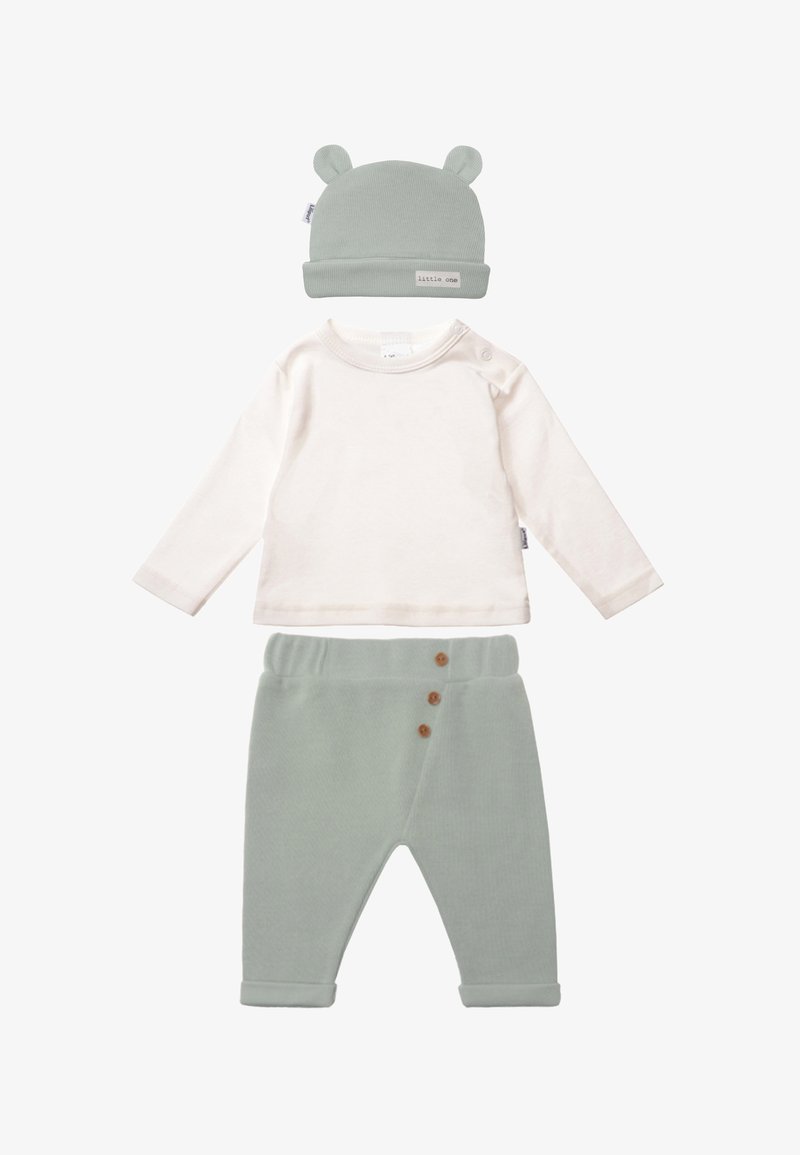 Green baby hat with bear ears, cream long-sleeve shirt with shoulder snaps, and green pants with button details.