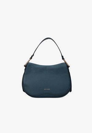 Lederhandtasche, dunkelblau, geschwungene Form, glatte Textur, mit einem kurzen Griff und subtilen goldenen Hardware-Details.