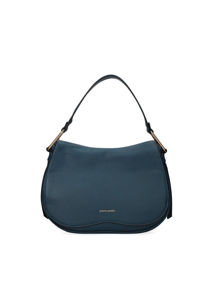 Borsa in pelle, tonalità blu scuro, forma curvata, superficie liscia, dotata di una maniglia corta e dettagli in oro discreti.