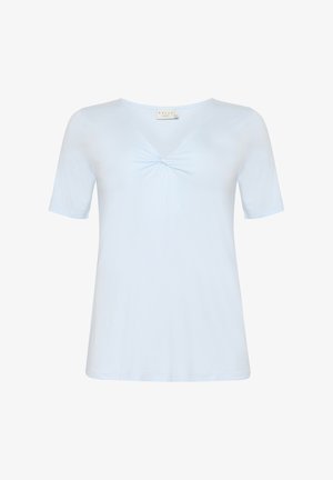 Helles blaues T-Shirt mit kurzen Ärmeln, einem runden Ausschnitt und einer gerafften Detailmitte. Aus glattem, elastischem Stoff gefertigt.