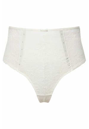 Culottes en dentelle taille haute blanches, avec un panneau avant lisse, un design en dentelle intriqué sur les côtés et des détails de fermeture à pression.