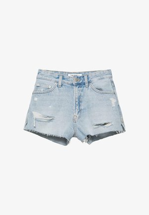 Svetlomodré opotrebované riflové šortky s ošúchanými okrajmi a roztrhanými detailmi na predných vreckách a stehnách, so zapínaním na gombík a zips.