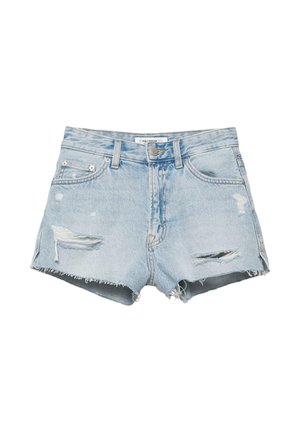 Hellblaue, verwaschene Jeansshorts mit ausgefransten Säumen und zerrissenen Details an den vorderen Taschen und Oberschenkeln, ausgestattet mit Knopf- und Reißverschluss.
