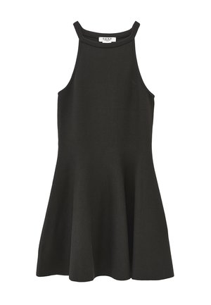 Schwarzes ärmelloses Kleid mit tailliertem Oberteil und ausgestelltem Rock. Hergestellt aus glattem Stoff, mit hohem Ausschnitt und gerippten Akzenten.