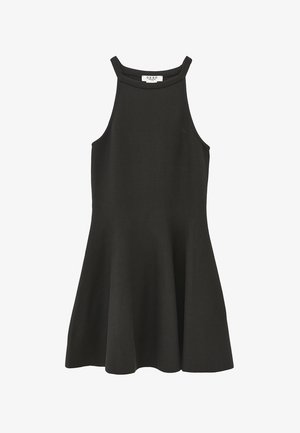 Vestido negro sin mangas con corsé ajustado y falda acampanada. Confeccionado con tela suave, presenta un escote alto y detalles acanalados.