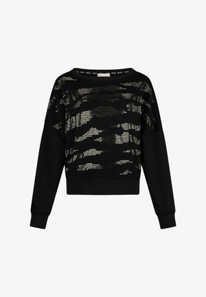 Schwarzer Langarm-Sweatshirt mit Camouflage-Meshmuster über der Brust und den Oberarmen, mit weitem Ausschnitt sowie gerippten Bündchen und Saum.
