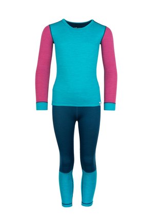 Kinder-Thermounterwäsche mit türkisfarbenem Langarmshirt mit pinkfarbenen Ärmeln und passenden dunkelblauen und türkisfarbenen Leggings.