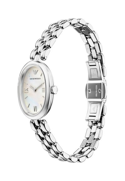 Silberne ovale Uhr mit perlmuttfarbenem Zifferblatt, römischen Ziffern als Markierungen und einem polierten Metallarmband mit Gliedern. Verfügt über einen sicheren Verschlussmechanismus.