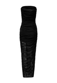 Zwarte strapless jurk met gerimpeld stof, aansluitende pasvorm, lengte tot halverwege de kuit en een glanzende afwerking op het oppervlak.
