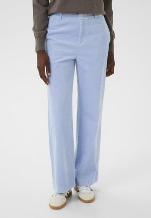 Light blue corduroy pants with a straight-leg design, featuring a mid-rise waist, side pockets, and subtle vertical ribbing texture.