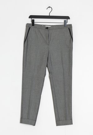 Pantalons à motifs gris avec une coupe slim, dotés de poches latérales, d'une fermeture à bouton et de poignets roulés pour une finition soignée.