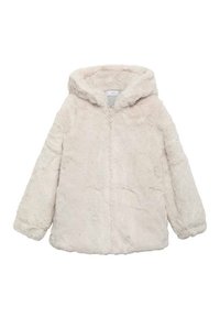 Faux-Fur-gestepptes Kapuzenjacke, weiche Textur, hellbeige Farbe, Reißverschluss, weite Ärmel und lockere Passform. Keine sichtbaren Hardware-Akzente.