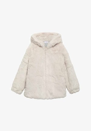 Faux-Fur-gestepptes Kapuzenjacke, weiche Textur, hellbeige Farbe, Reißverschluss, weite Ärmel und lockere Passform. Keine sichtbaren Hardware-Akzente.