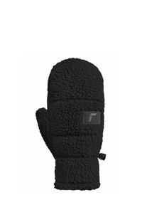 Black fleece mittens with a textured, fluffy exterior, featuring a reinforced patch and adjustable strap for secure fit.