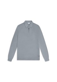 Lys grå genser med lange ermer, krage og glidelås foran med kvart lengde; laget av et glatt, strikket stoff.