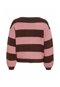 Pull en maille à manches longues avec larges rayures horizontales roses et marron foncé, avec un col rond et des poignets côtelés.