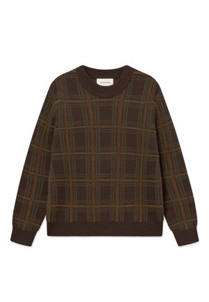 Maglione marrone a girocollo con polsini e orlo a coste, con motivo a quadri nelle tonalità del verde scuro e arancione.