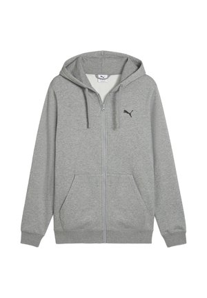 Grijze hoodie met rits gemaakt van zachte stof, met twee voorzakken, een capuchon met trekkoord en een klein zwart logo op de linkerkant van de borst.