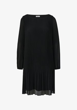 Melnas plisētas kleitas ar garām piedurknēm, ar apaļu dekoltē un plūstošu dizainu. Izgatavota no viegla auduma ar vertikālu tekstūru.