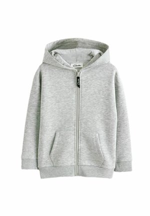 Lysegrå børne-hoodie med lynlås, forlommer, ribkanter ved ærmer og kant, samt fasthætte hætte.