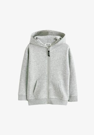 Lichtgrijze kinderhoodie met rits, steekzakken, geribde boorden aan mouwen en zoom, en een vaste capuchon.