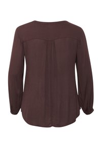 Brown long-sleeve blouse with a rounded neckline, featuring a pleat detail at the back and elasticized cuffs for a loose fit.
