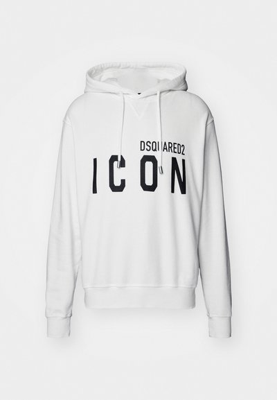 Hoodie blanc avec le texte "DSQUARED2 ICON" en noir, manches longues, capuche réglable avec cordon de serrage, et une coupe légèrement décontractée. Texture de tissu lisse.