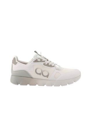 White and gray athletic sneaker with mesh panels, lace-up closure, and thick segmented sole, side logo visible.