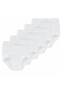 Fünf Paare weißer Baumwollunterhosen mit einer weichen, glatten Textur. Klassischer Schnitt mit elastischem Bund, ohne zusätzliche Muster oder Akzente.