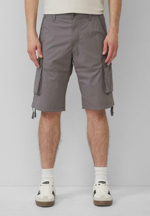 Gray cargo shorts with side pockets, adjustable drawstrings at the hem, and a lightweight fabric. Worn with white sneakers and socks.