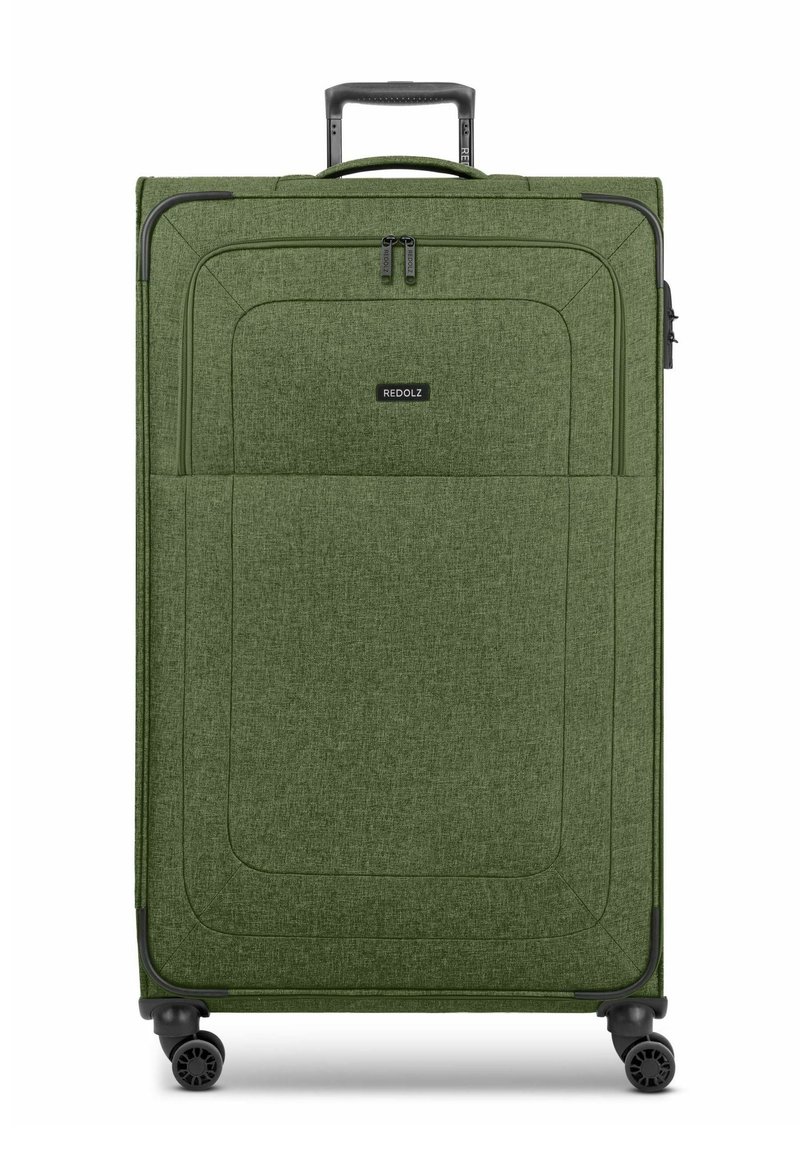 Valigia verde in tessuto con finitura testurizzata, dotata di manico retrattile e numerose cerniere. Ruote cilindriche per la mobilità.