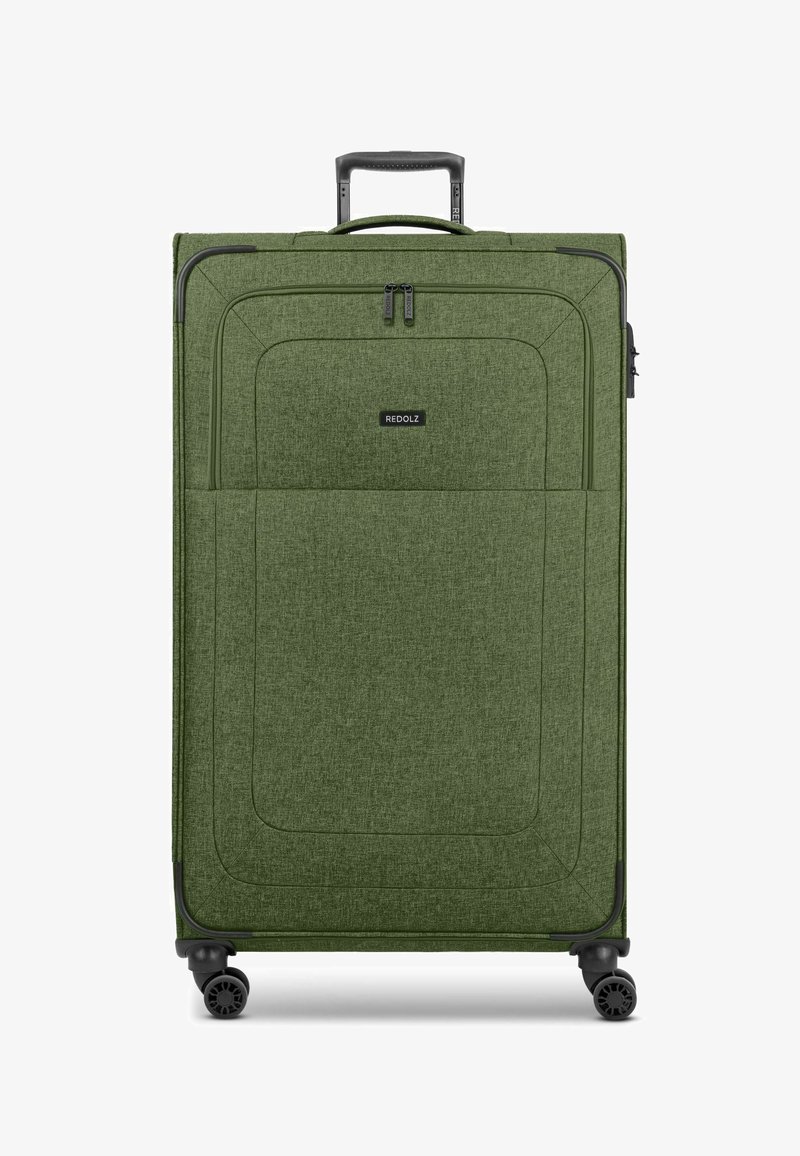 Valigia verde in tessuto con finitura testurizzata, dotata di manico retrattile e numerose cerniere. Ruote cilindriche per la mobilità.