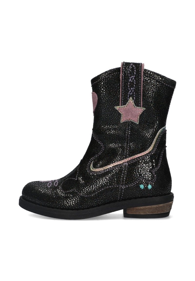 Black leather ankle boot with glittery texture, pink and star appliqués, multi-colored stitching, and a low wooden heel.