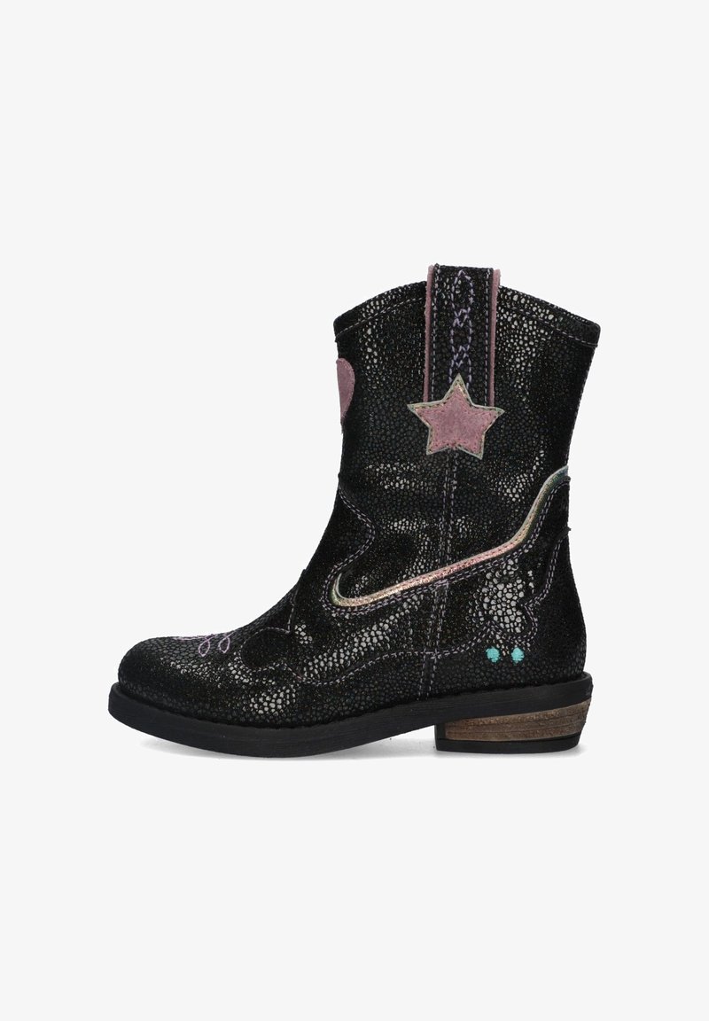 Black leather ankle boot with glittery texture, pink and star appliqués, multi-colored stitching, and a low wooden heel.