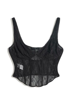 Corset en dentelle noire avec des bretelles réglables, des panneaux transparents, un motif floral et un design de corsage structuré. Présente une fermeture à crochet et œillet.