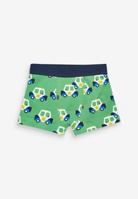 Grønne bomuldsboxershorts med en marineblå talje, prydet med farverige politibiltryk i blå, hvid og gul. Blød tekstur, elastisk pasform.