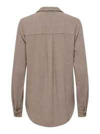 Chemise taupe à manches longues avec poignets boutonnés, empiècement dos, pli central et ourlet arrondi, vue de dos.