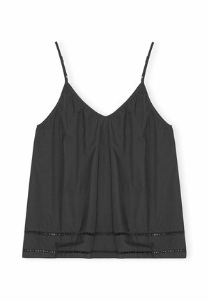 Black sleeveless top with adjustable spaghetti straps, V-neckline, gathered texture, and decorative lace trim along the hem.