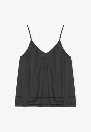 Juoda be rankovių palaidinė su reguliuojamais spaghetti dirželiais, V formos iškirpte, susiraukšlėjusia tekstūra ir dekoratyvine nėriniuota apdaila palei apačią.