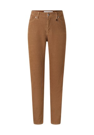 Pantalons tapered marron en tissu texturé. Comprend des poches avant, une fermeture éclair et des accents en métal. Design simple et fonctionnel.