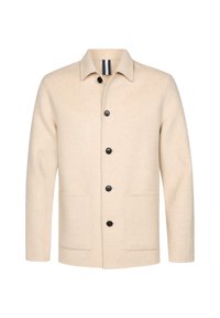 Giacca in misto lana beige con taglio dritto, colletto appuntito, bottoni neri e due tasche frontali. Texture morbida con una finitura sottile.