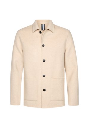 Beige Wollmischung Jacke mit geradem Schnitt, spitzem Kragen, schwarzen Knöpfen und zwei Vordertaschen. Weiche Textur mit einem subtilen Finish.