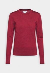 Pull à manches longues pour femme, col rond, en tissu tricoté uni rouge foncé avec poignets et ourlet côtelés.